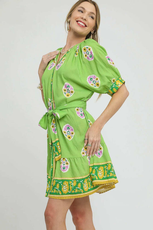 Umgee Floral Print Tie Waist Short Sleeve Dress - Trendsi - Flyclothing LLC
