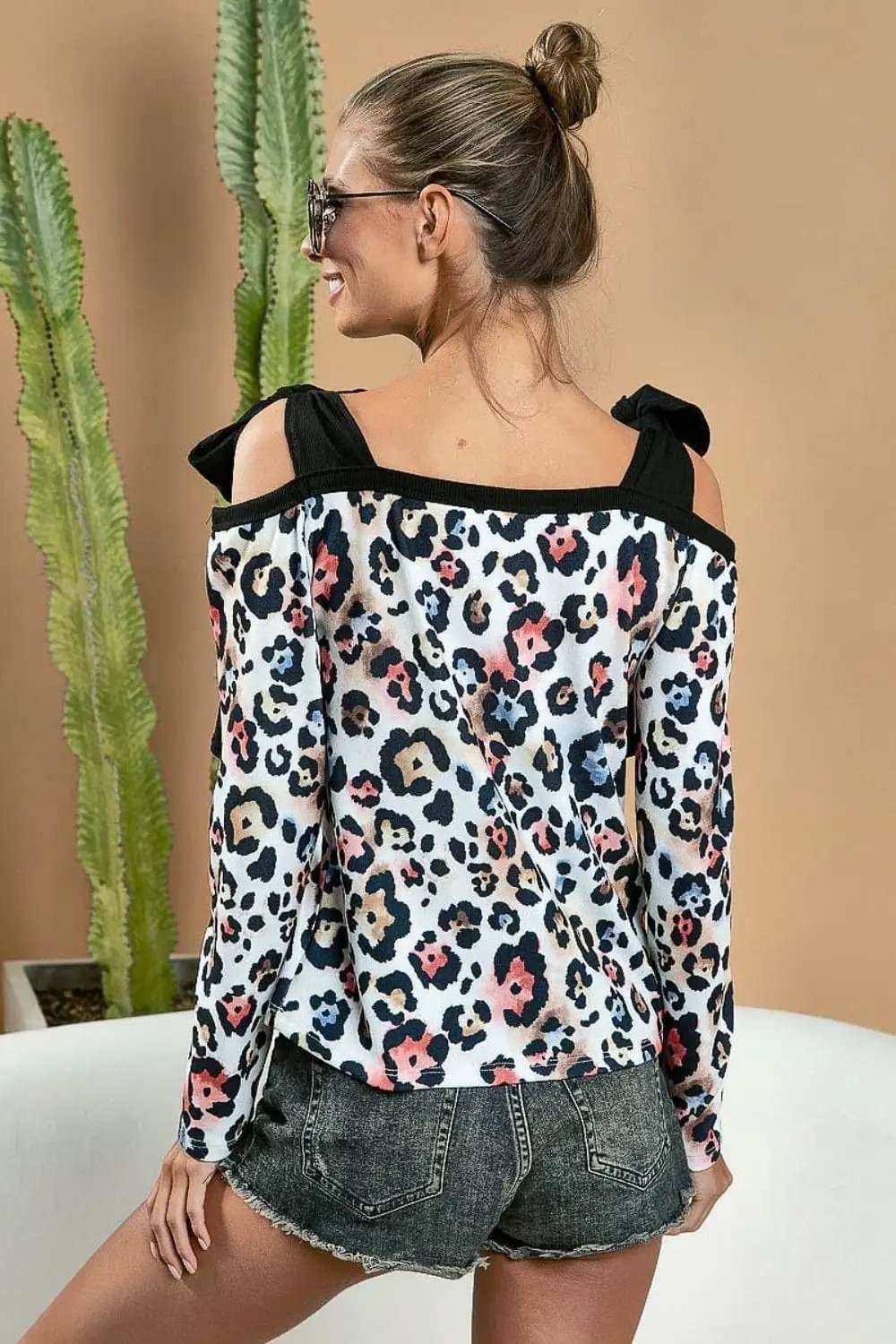 BiBi Leopard Shoulder Tie Long Sleeve Top - Trendsi - Flyclothing LLC