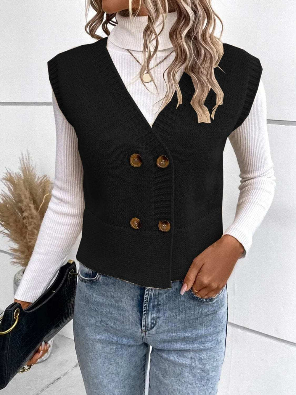 Full Size Button Up V-Neck Sweater Vest - Trendsi - Flyclothing LLC