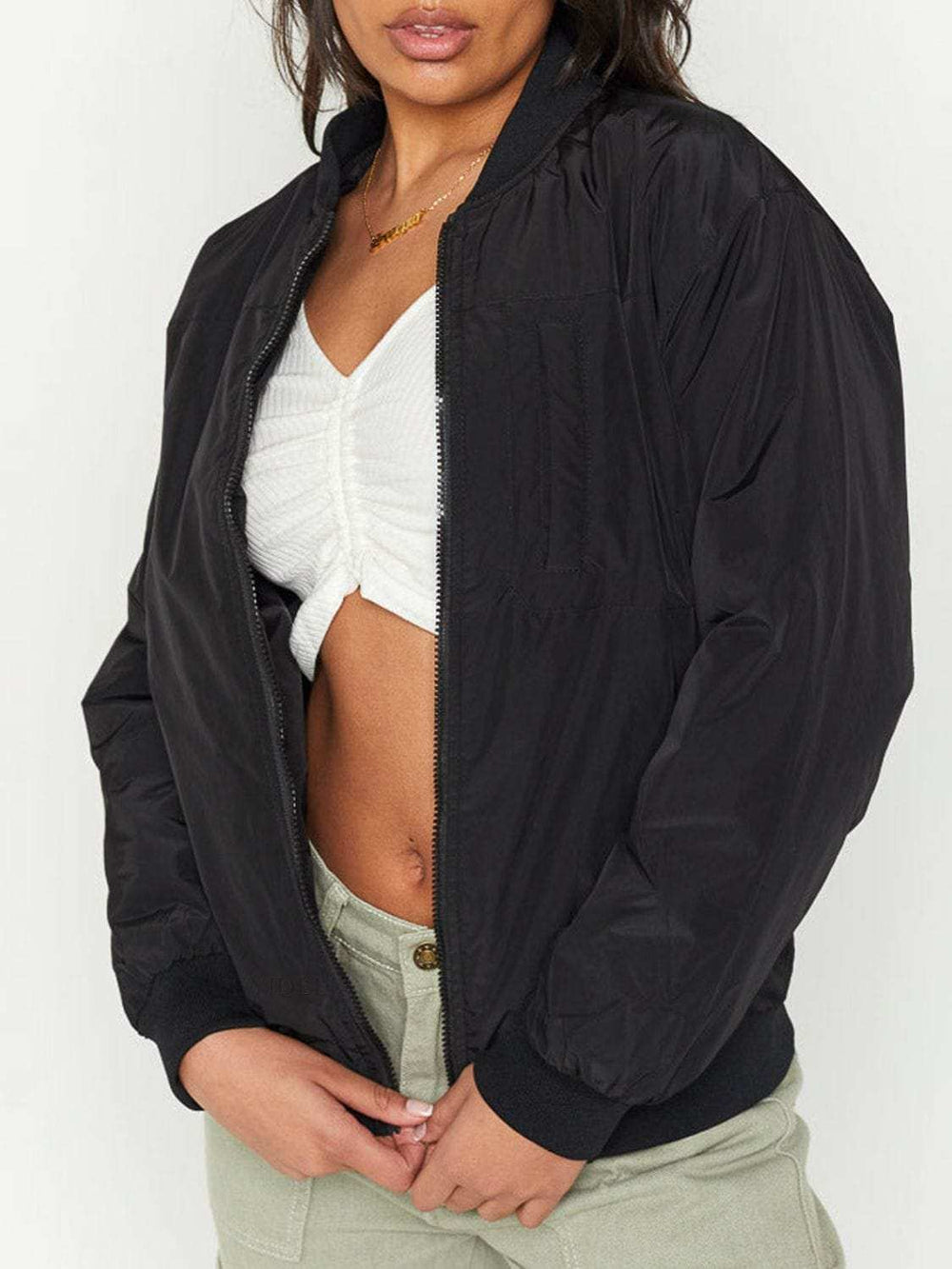 Zip Up Baseball Collar Jacket with Pockets - Trendsi - Flyclothing LLC