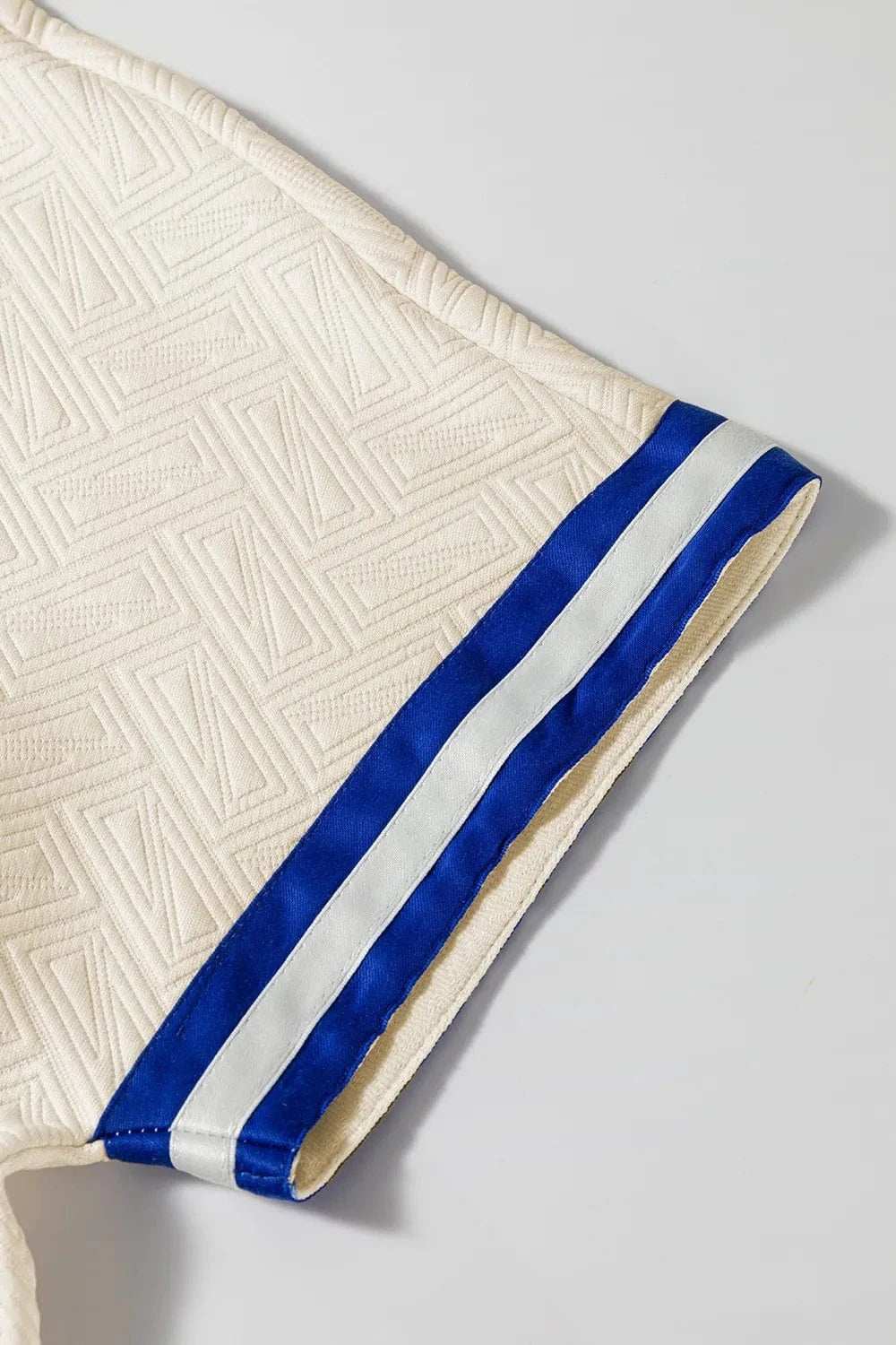 Striped Trim Textured Quarter Zipper Short Sleeve Top - Trendsi - Flyclothing LLC