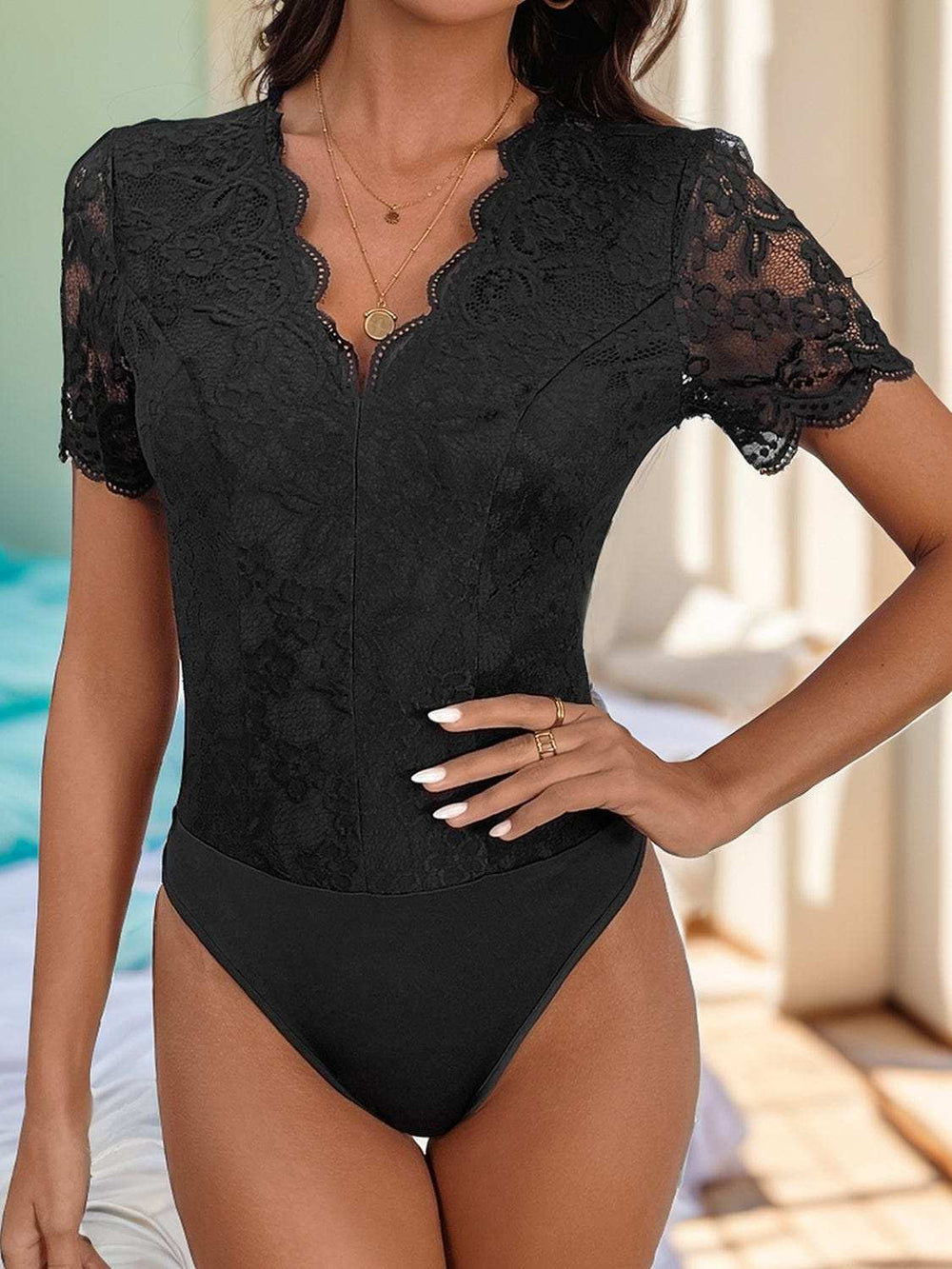 V-Neck Short Sleeve Lace Bodysuit - Trendsi - Flyclothing LLC