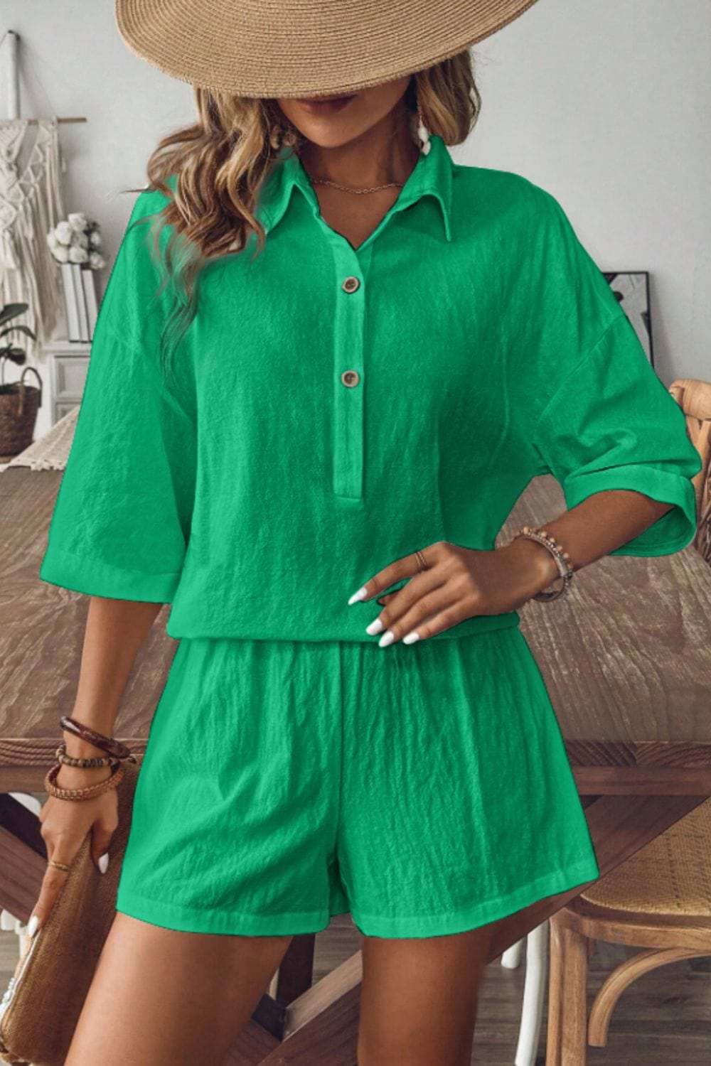 Collared Neck Half Sleeve Top and Shorts Set - Trendsi - Flyclothing LLC