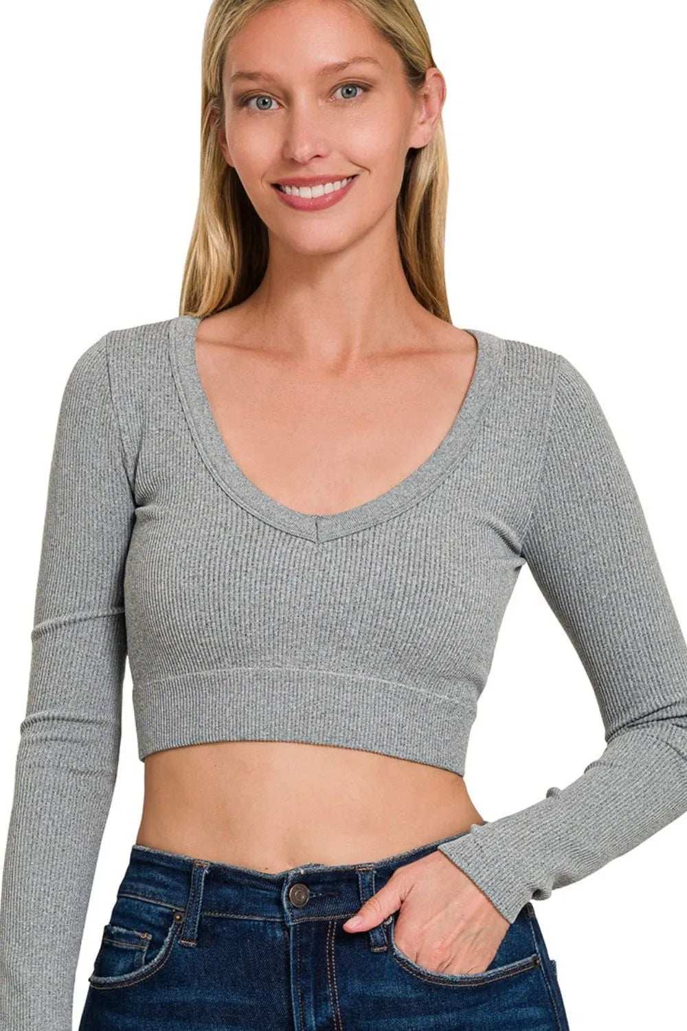 Zenana Seamless Fitted Rib V-neck Long Sleeve Crop Top - Trendsi - Flyclothing LLC