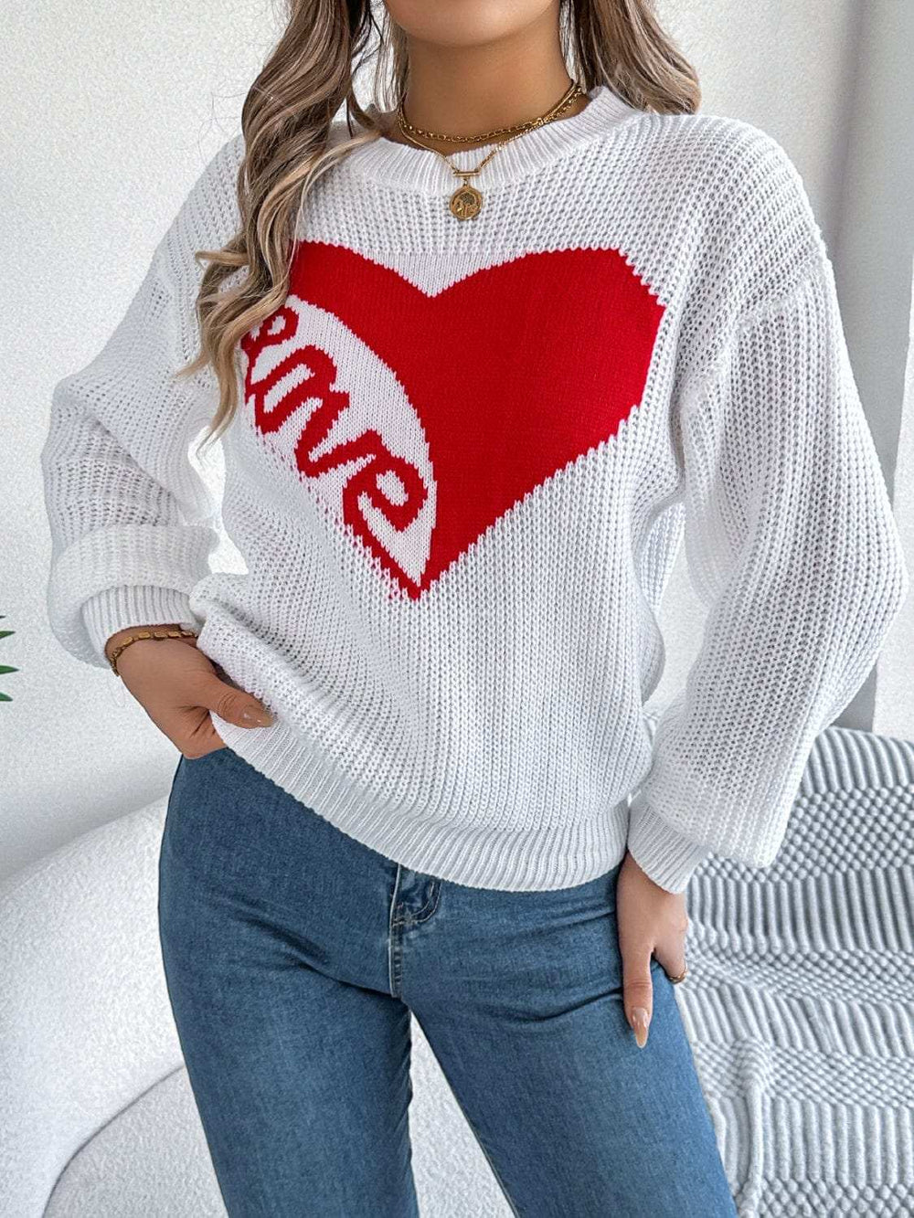 LOVE Heart Round Neck Dropped Shoulder Sweater - Trendsi - Flyclothing LLC