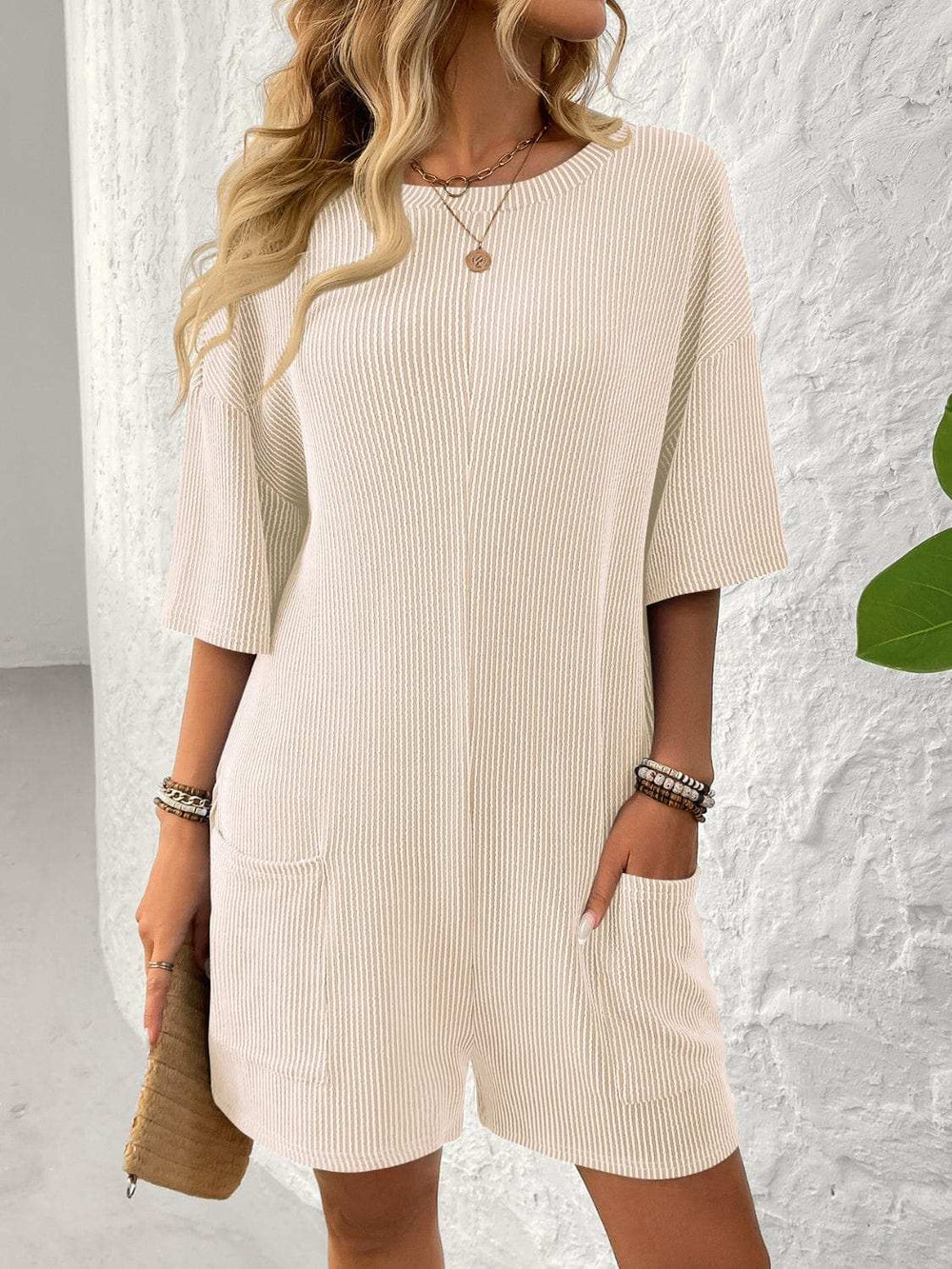 Backless Textured Round Neck Half Sleeve Romper - Trendsi - Flyclothing LLC