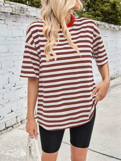 Lovelet Striped Round Neck Half Sleeve T-Shirt - Trendsi - Flyclothing LLC