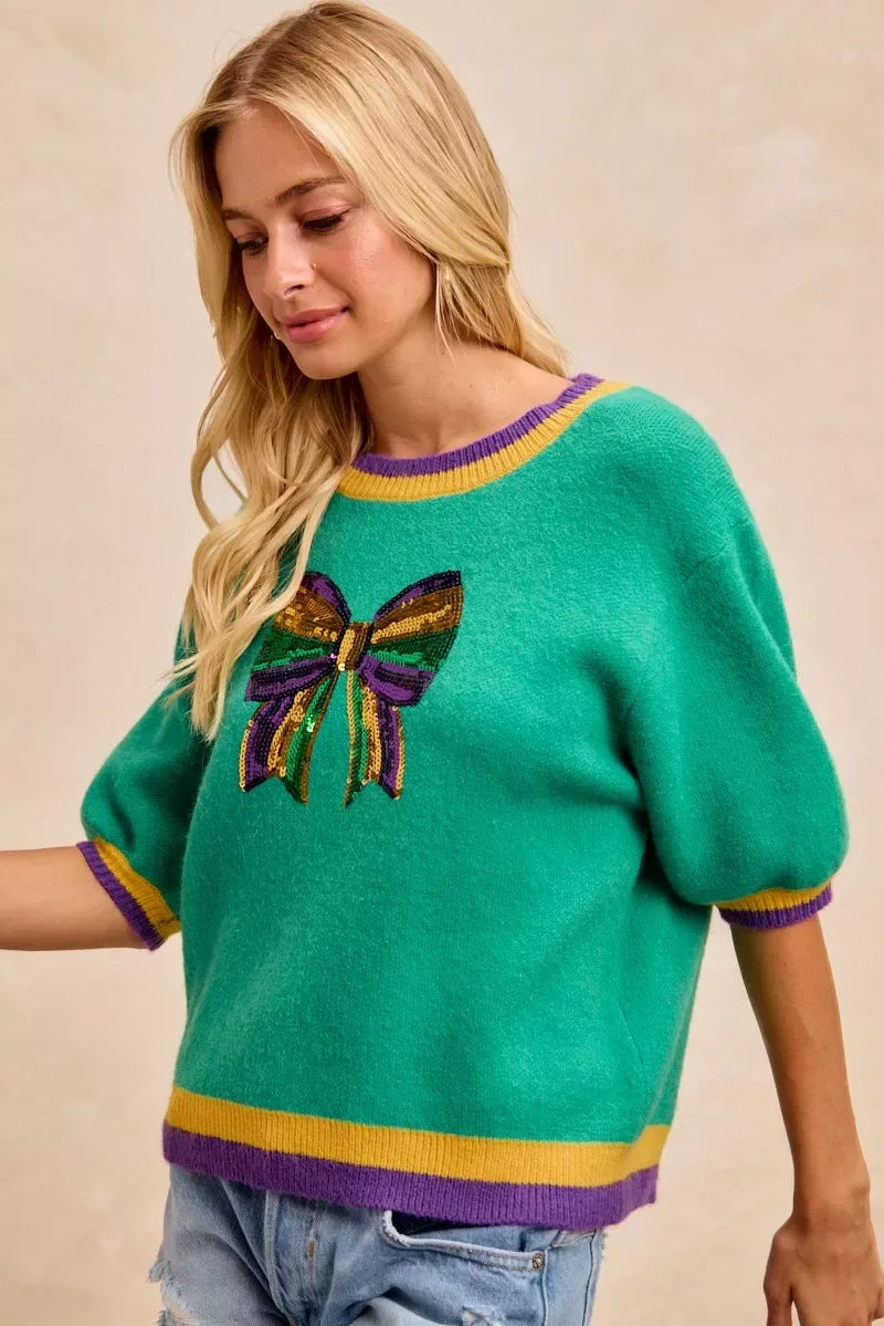 BiBi Mardi Gras Sequin Ribbon Patched Sweater - Trendsi - Flyclothing LLC