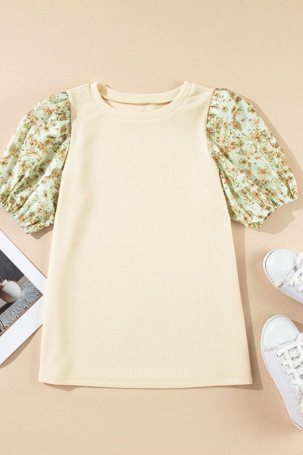 Floral Puff Sleeve Ribbed Blouse - Trendsi - Flyclothing LLC