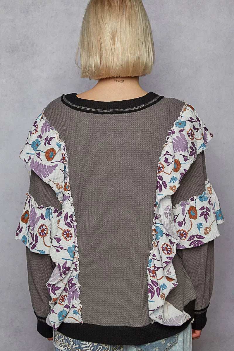 POL Round Neck Sweater with Floral Ruffle Detail - Trendsi - Flyclothing LLC