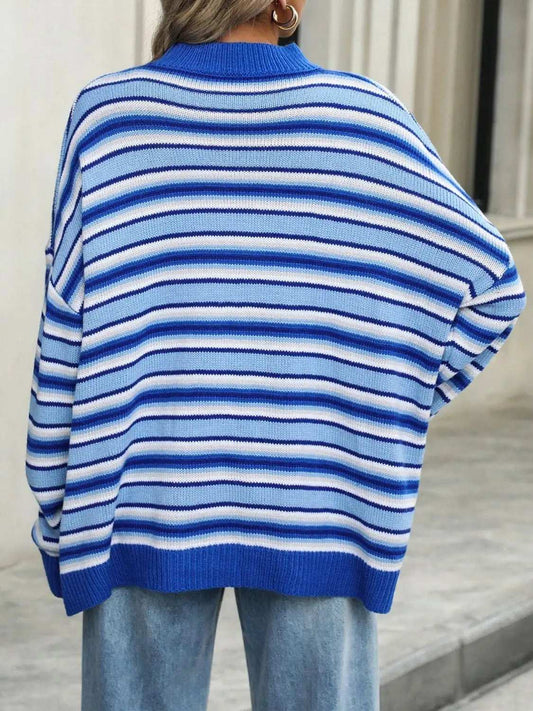 Striped Mock Neck Long Sleeve Sweater - Trendsi - Flyclothing LLC