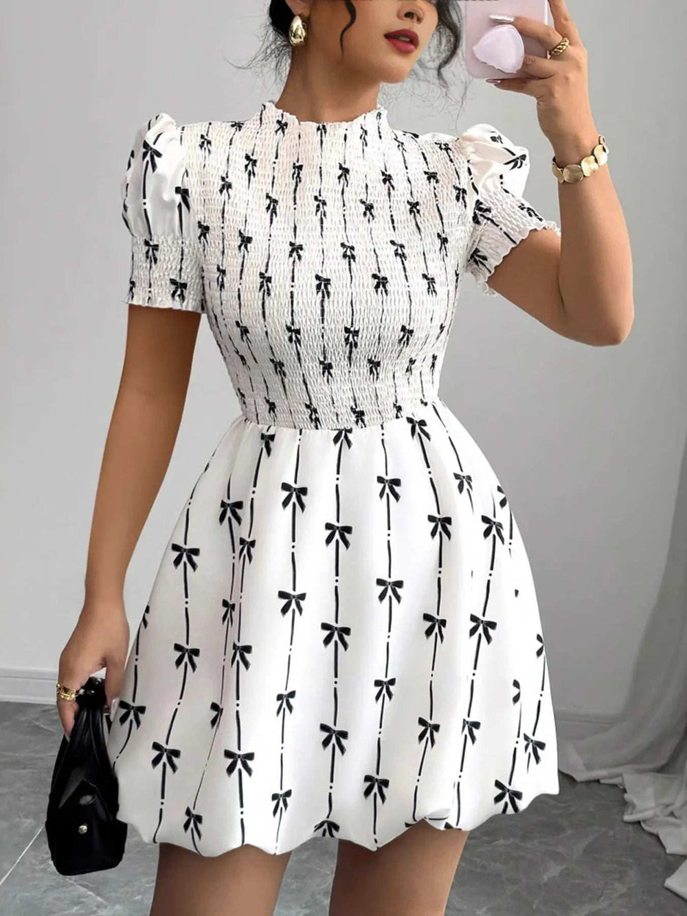 Smocked Bow Print Short Sleeve Dress - Trendsi - Flyclothing LLC