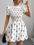 Smocked Bow Print Short Sleeve Dress - Trendsi - Flyclothing LLC