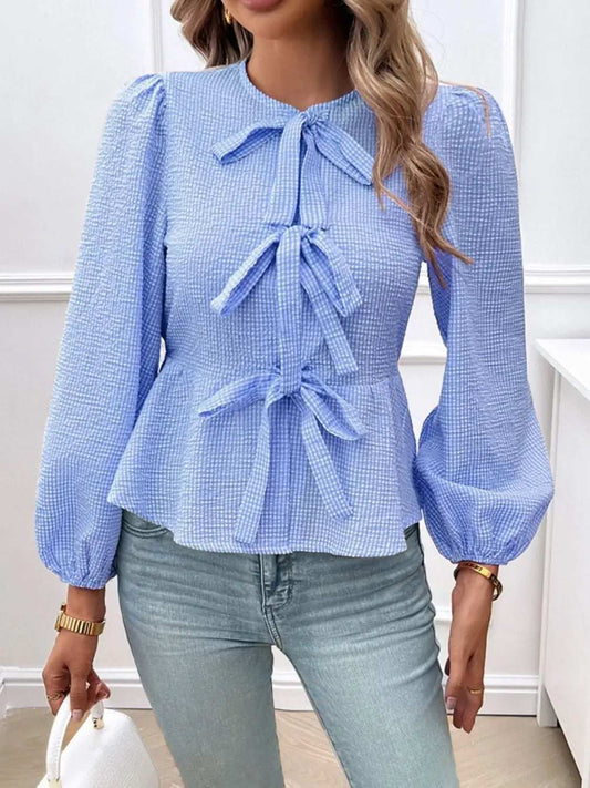 Devine Tied Round Neck Long Sleeve Blouse - Trendsi - Flyclothing LLC