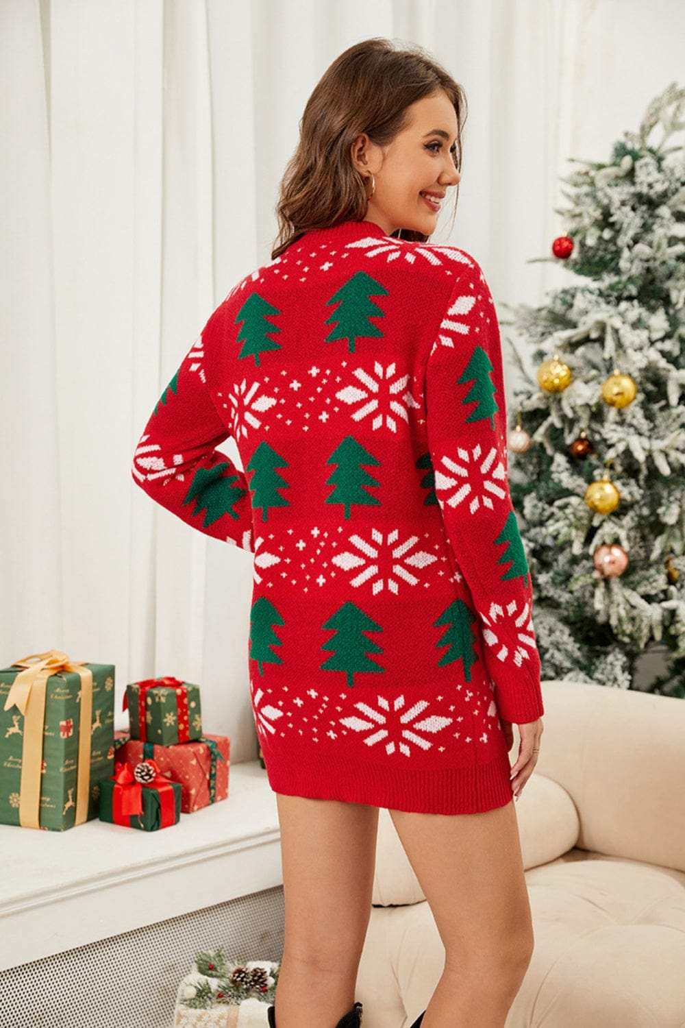 Christmas Tree Round Neck Sweater Dress - Trendsi - Flyclothing LLC