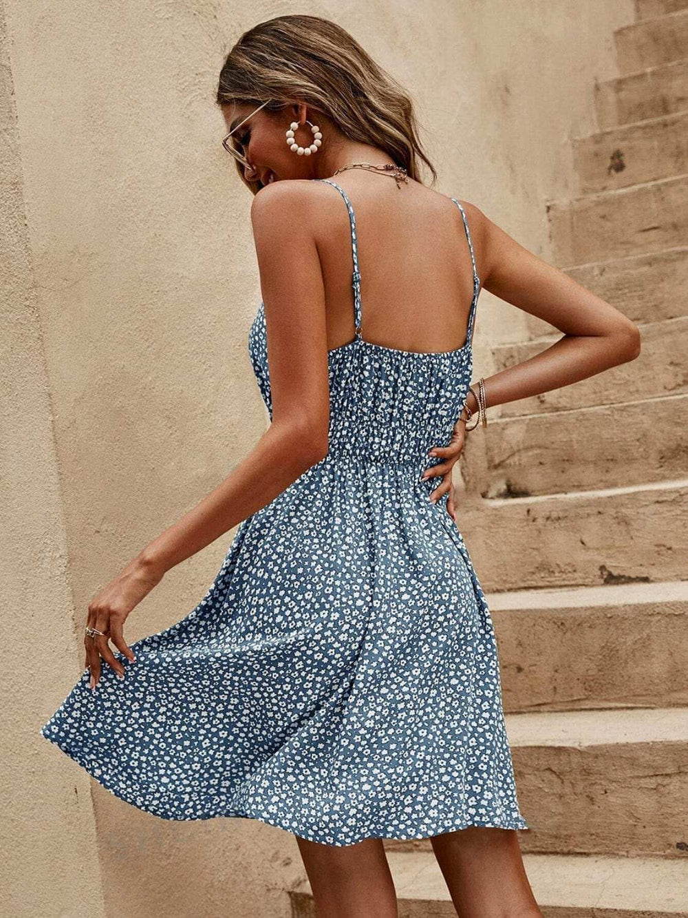 Floral V-Neck Mini Cami Dress - Trendsi - Flyclothing LLC