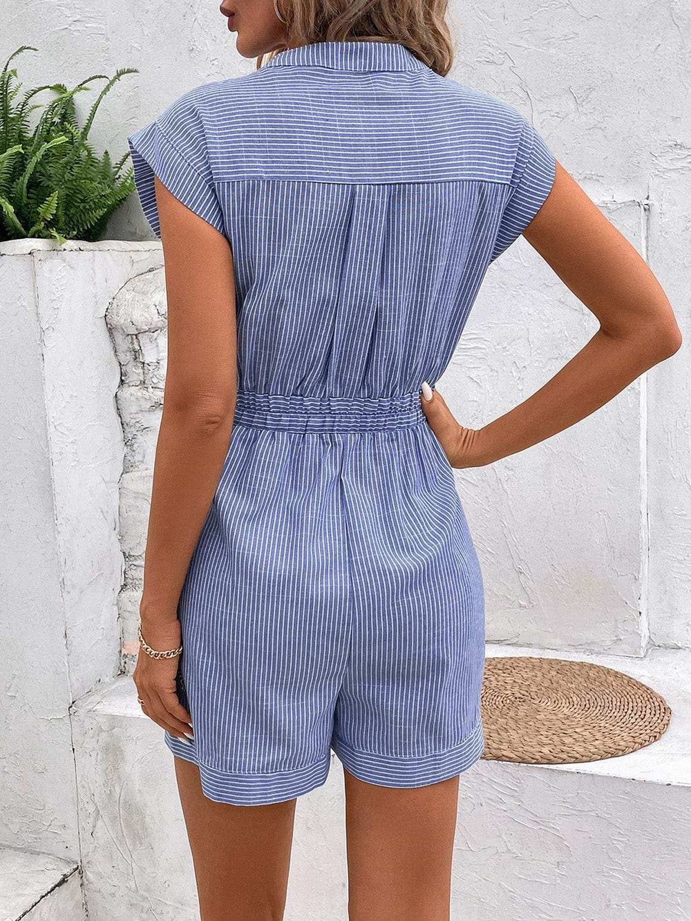 Striped Notched Tie Waist Romper - Trendsi - Flyclothing LLC
