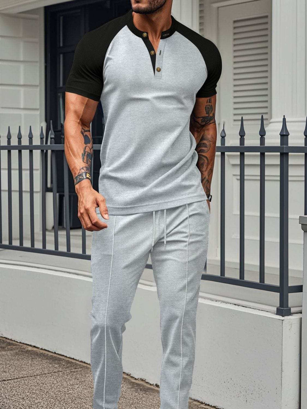 Men's Full Size Waffle-Knit Contrast Top and Drawstring Pants Set Plus Size - Trendsi - Flyclothing LLC