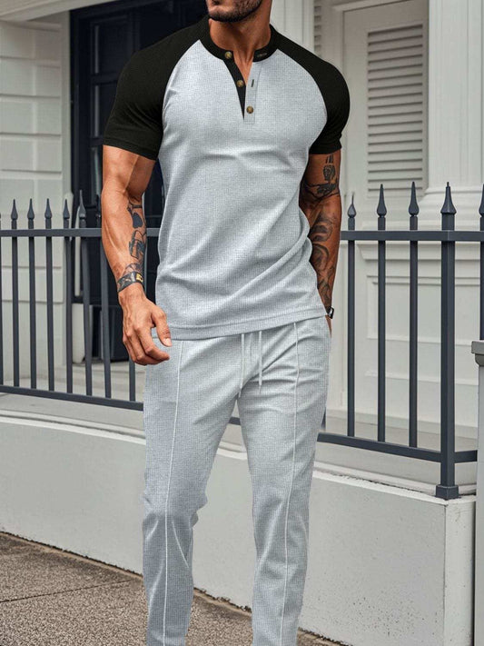 Men's Full Size Waffle-Knit Contrast Top and Drawstring Pants Set Plus Size - Trendsi - Flyclothing LLC