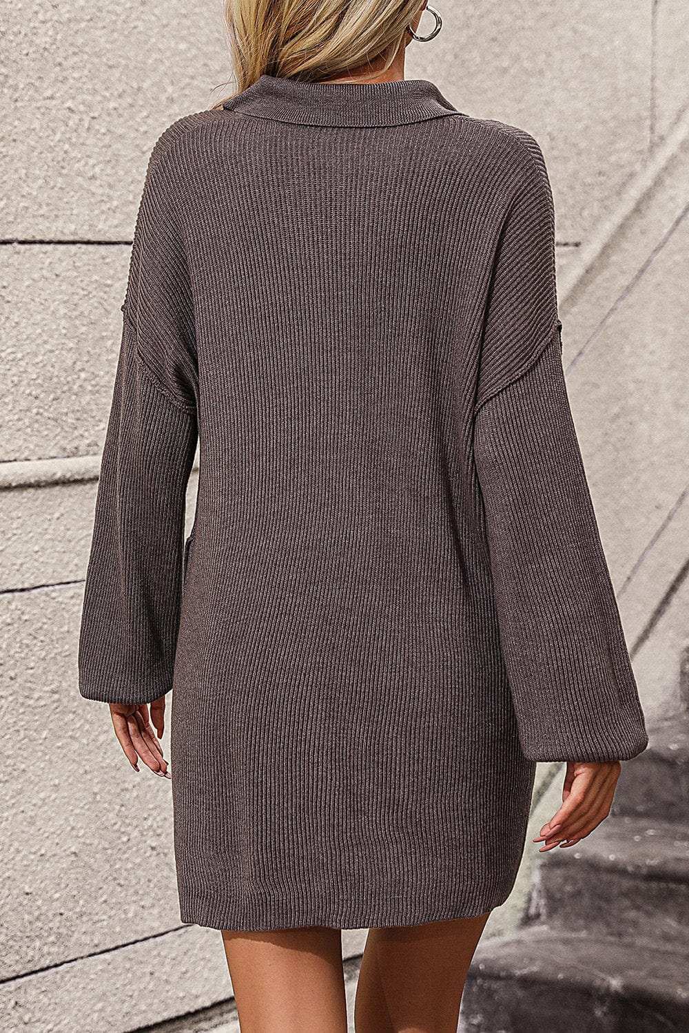 Collared Neck Long Sleeve Sweater Dress with Pockets - Trendsi - Flyclothing LLC