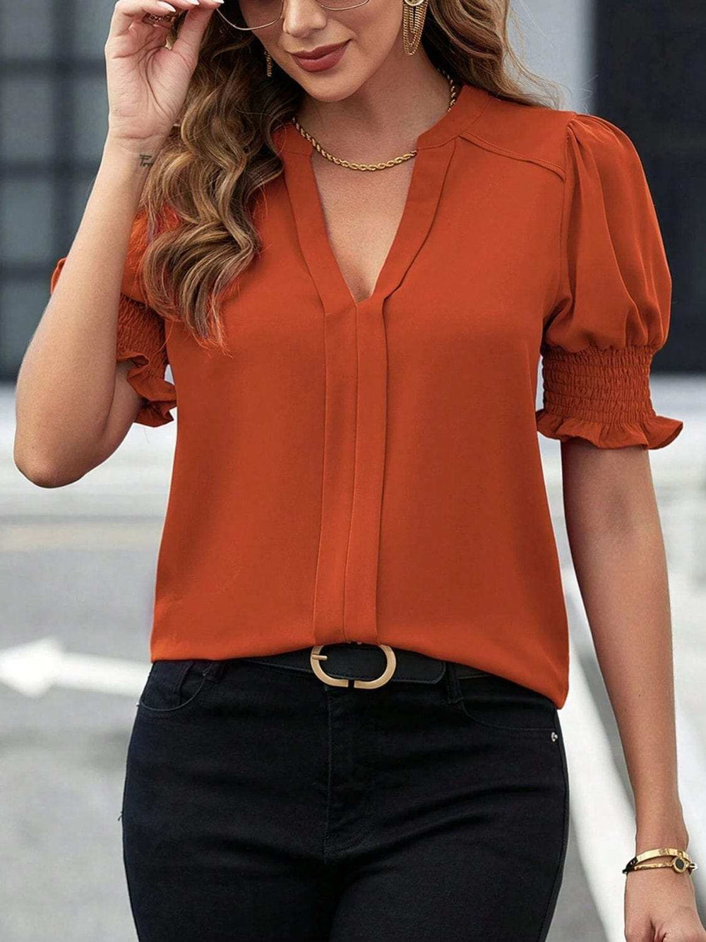 Notched Short Sleeve Blouse - Trendsi - Flyclothing LLC