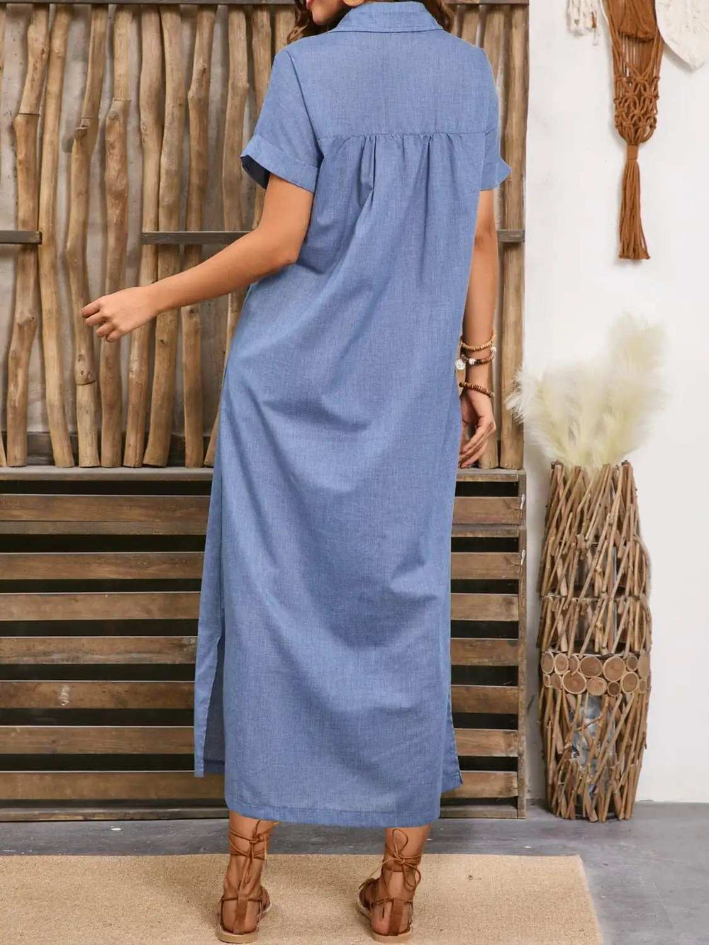 Slit Collared Neck Short Sleeve Midi Dress - Trendsi - Flyclothing LLC