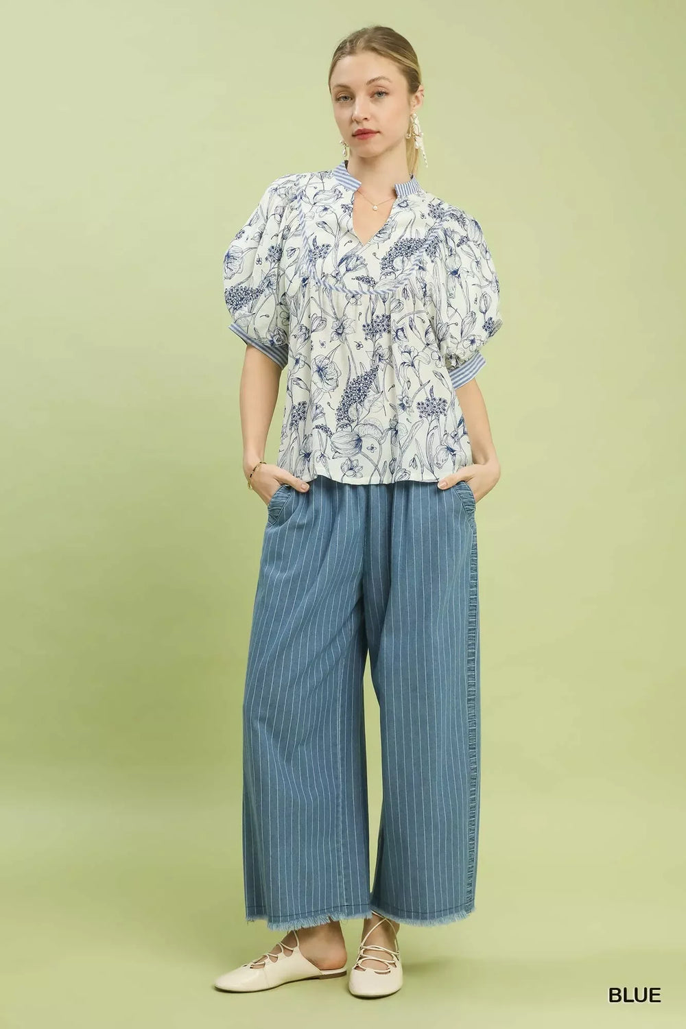 Umgee Mixed Print Puff Sleeve Split Neck Top - Trendsi - Flyclothing LLC