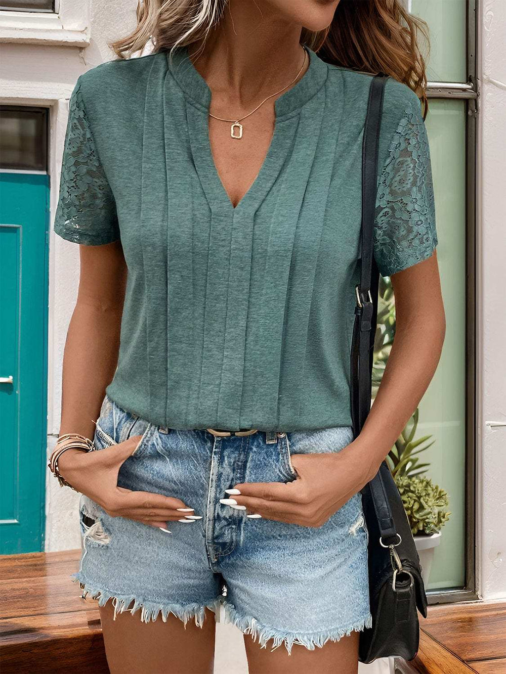 Lace Detail Notched Short Sleeve T-Shirt - Trendsi - Flyclothing LLC