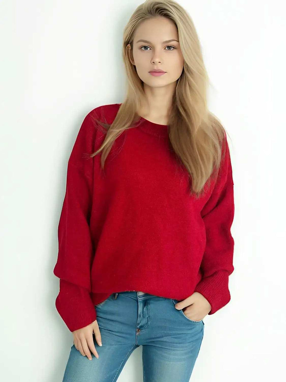 Round Neck Dropped Shoulder Long Sleeve Sweater - Trendsi - Flyclothing LLC