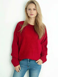 Round Neck Dropped Shoulder Long Sleeve Sweater - Trendsi - Flyclothing LLC