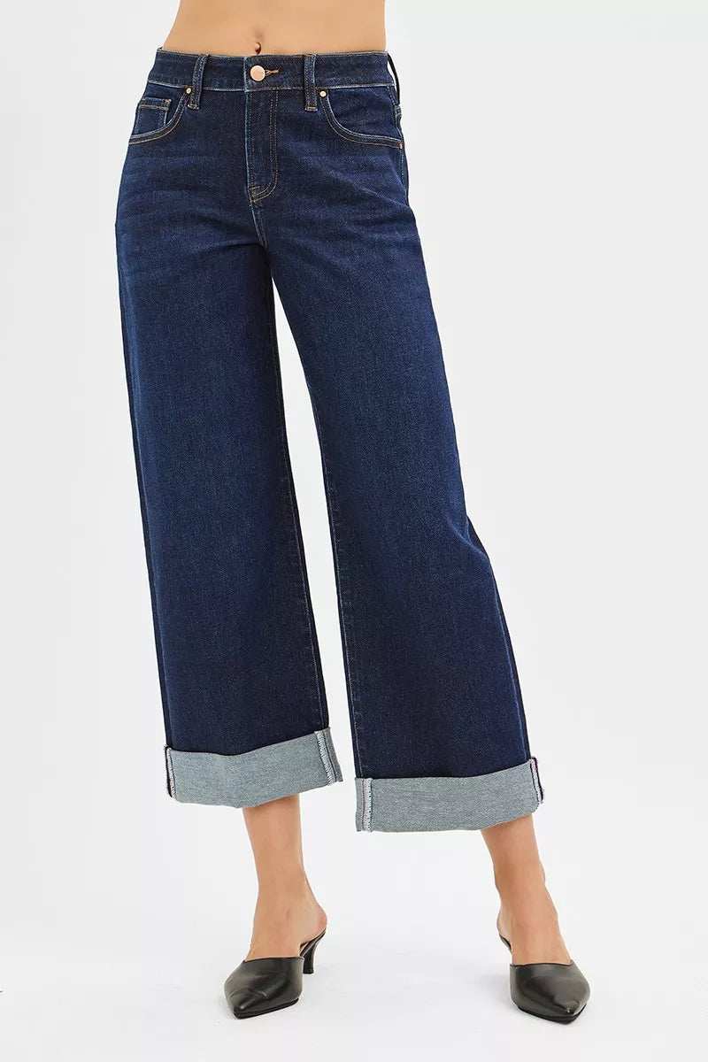 RISEN Mid Rise Fit Ankle Wide Roll Up Jeans - Trendsi - Flyclothing LLC