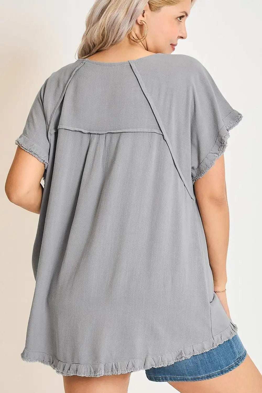 Umgee Full Size Seam Detail Linen Ruffle Fringe Edge Top Plus Size - Trendsi - Flyclothing LLC