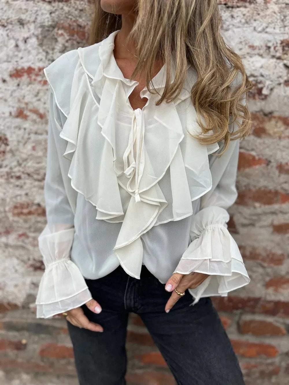 Ruffled Tie Front Flounce Sleeve Blouse - Trendsi - Flyclothing LLC