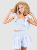 Smocked Tie Shoulder Top and Mini Skirt Set - Trendsi - Flyclothing LLC