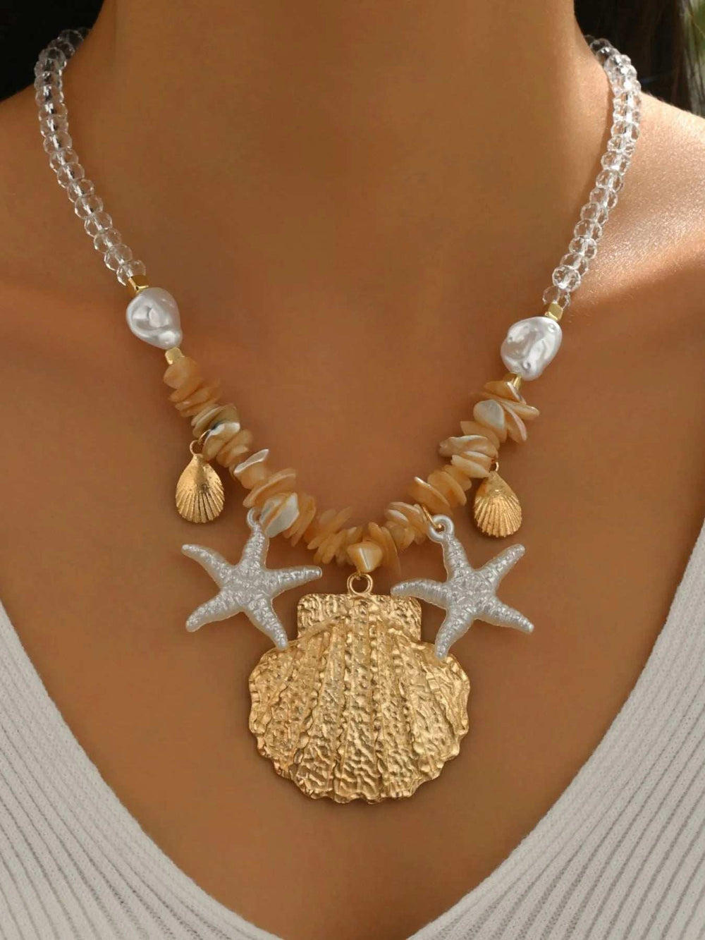18K Gold-Plated Beach Shell Starfish Pendant Necklace - Trendsi - Flyclothing LLC
