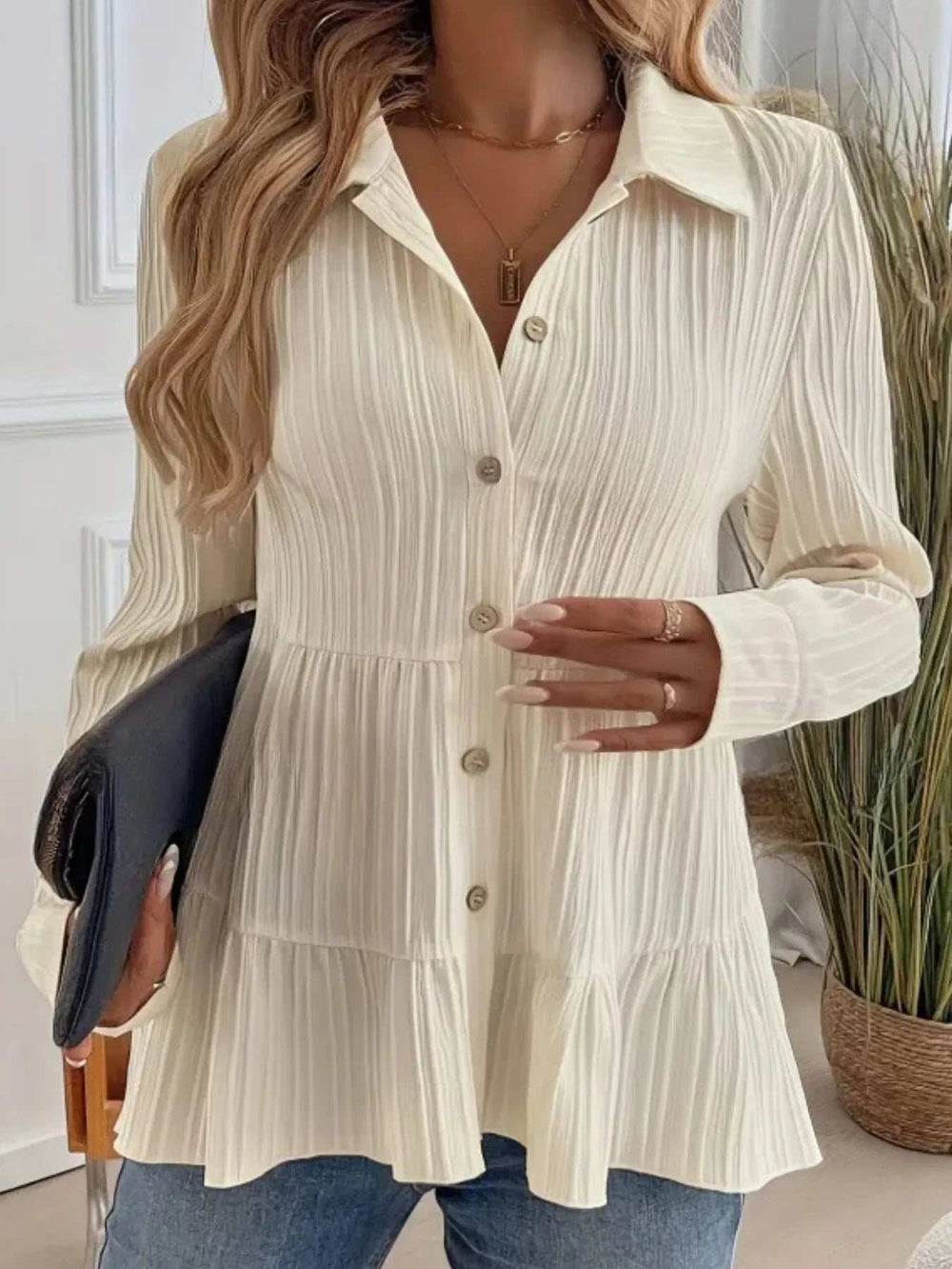 Striped Button-Down Tiered Shirt - Trendsi - Flyclothing LLC