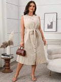 Plus Size Button Front Tie Waist Sleeveless Dress - Trendsi - Flyclothing LLC
