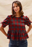 SO ME Christmas Holiday Plaid Ribbon Short Sleeves Top - Trendsi - Flyclothing LLC