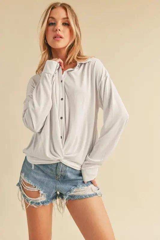 Aemi + Co Twisted Hemline Button Detail Collared Neck Top - Trendsi - Flyclothing LLC