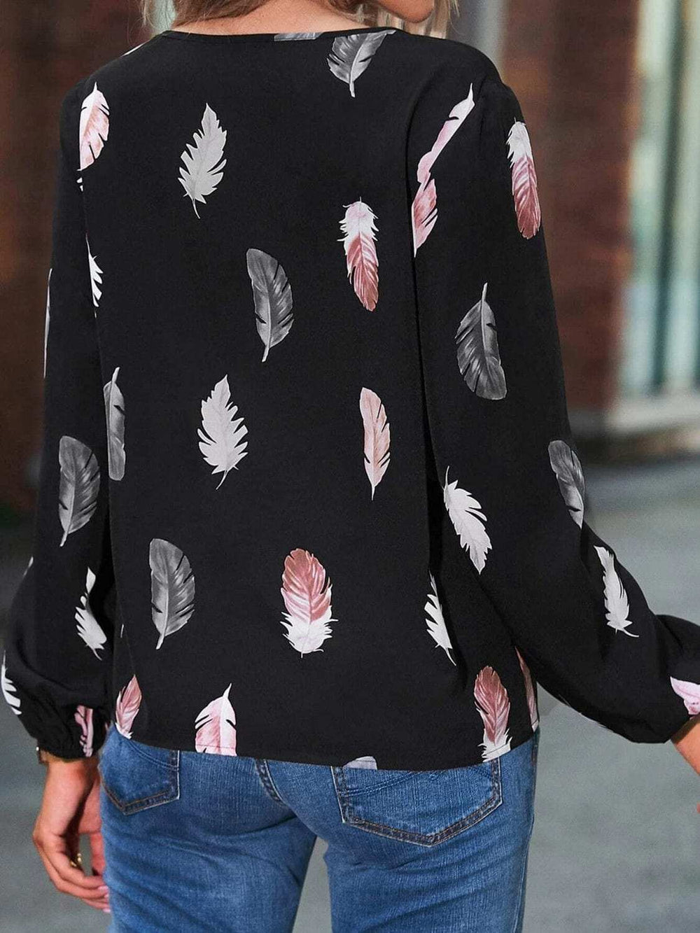 Feather Print Notched Balloon Sleeve Top - Trendsi - Flyclothing LLC