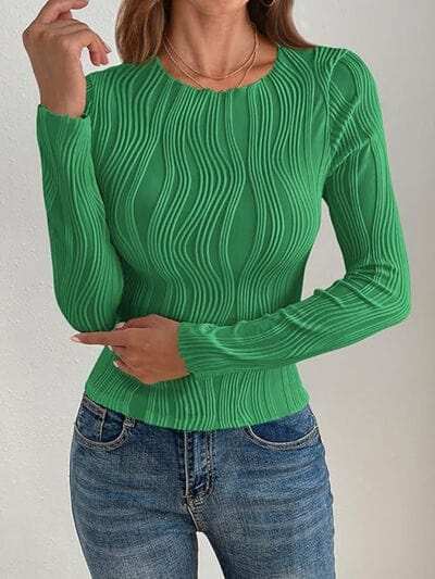 Textured Round Neck Long Sleeve Top - Trendsi - Flyclothing LLC