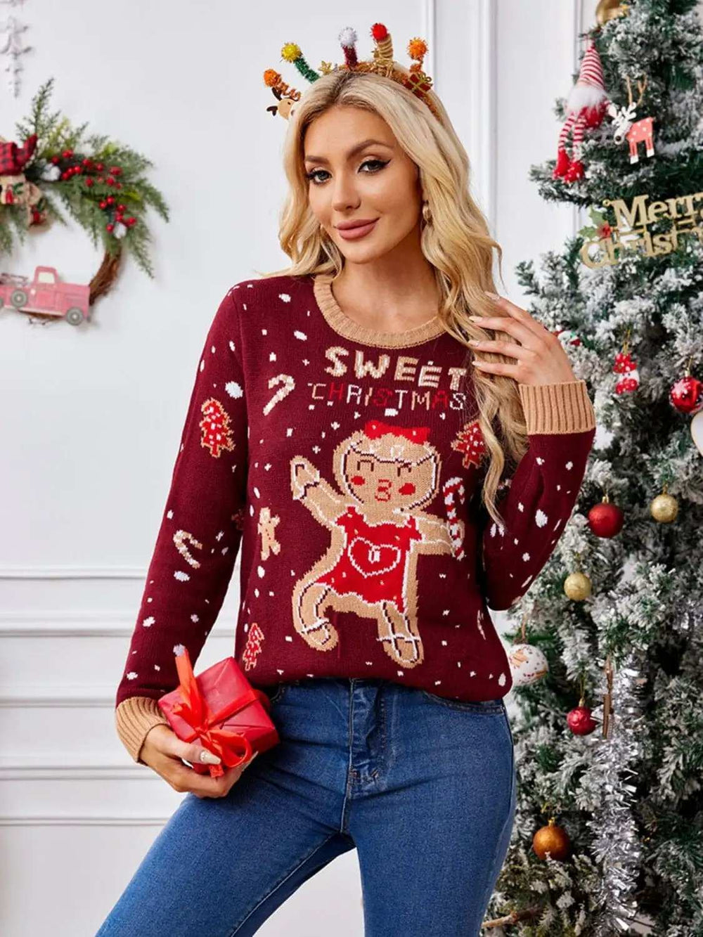 Gingerbread Round Neck Long Sleeve Sweater - Trendsi - Flyclothing LLC