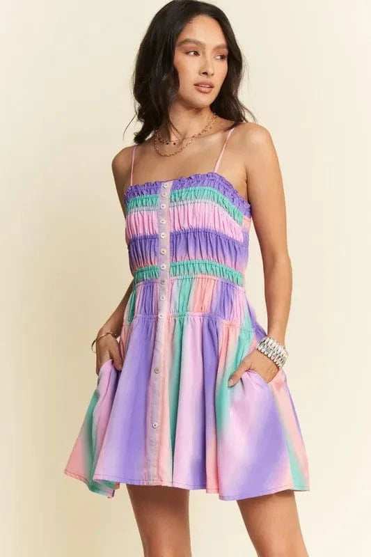 Davi & Dani Multi Color Ombre Printed Bodice Button Up Dress - Trendsi - Flyclothing LLC