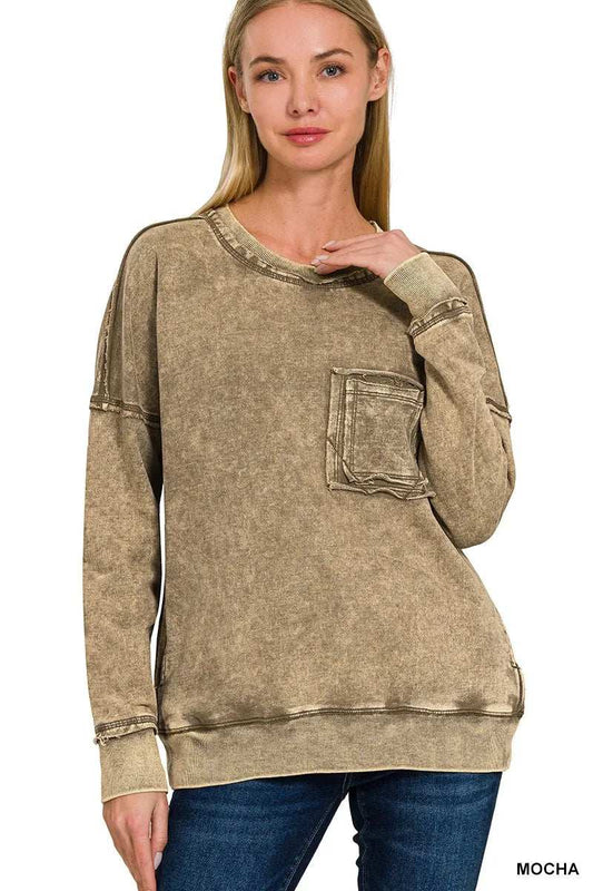 Zenana French Terry Washed Raw Edge Front Pocket Pullover - Trendsi - Flyclothing LLC