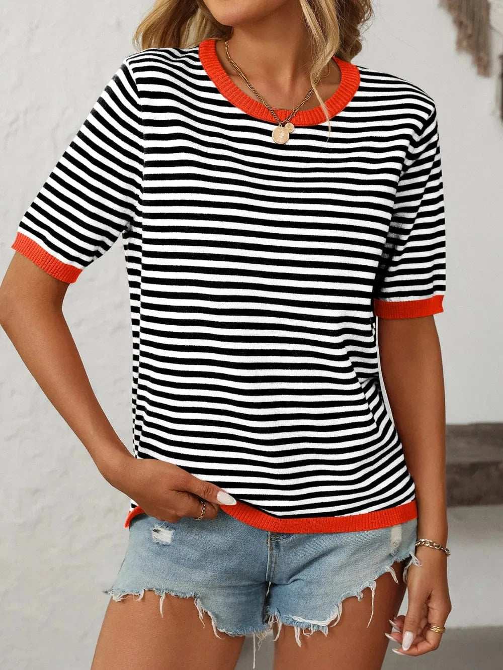 Mandy Striped Round Neck Half Sleeve Knit Top - Trendsi - Flyclothing LLC