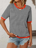 Mandy Striped Round Neck Half Sleeve Knit Top - Trendsi - Flyclothing LLC