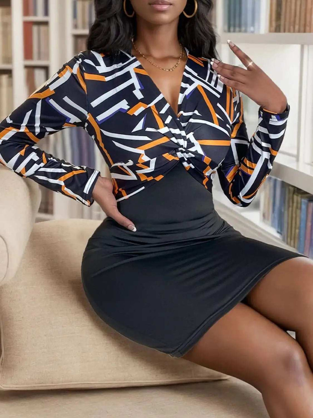 Twisted Printed Long Sleeve Mini Dress - Trendsi - Flyclothing LLC