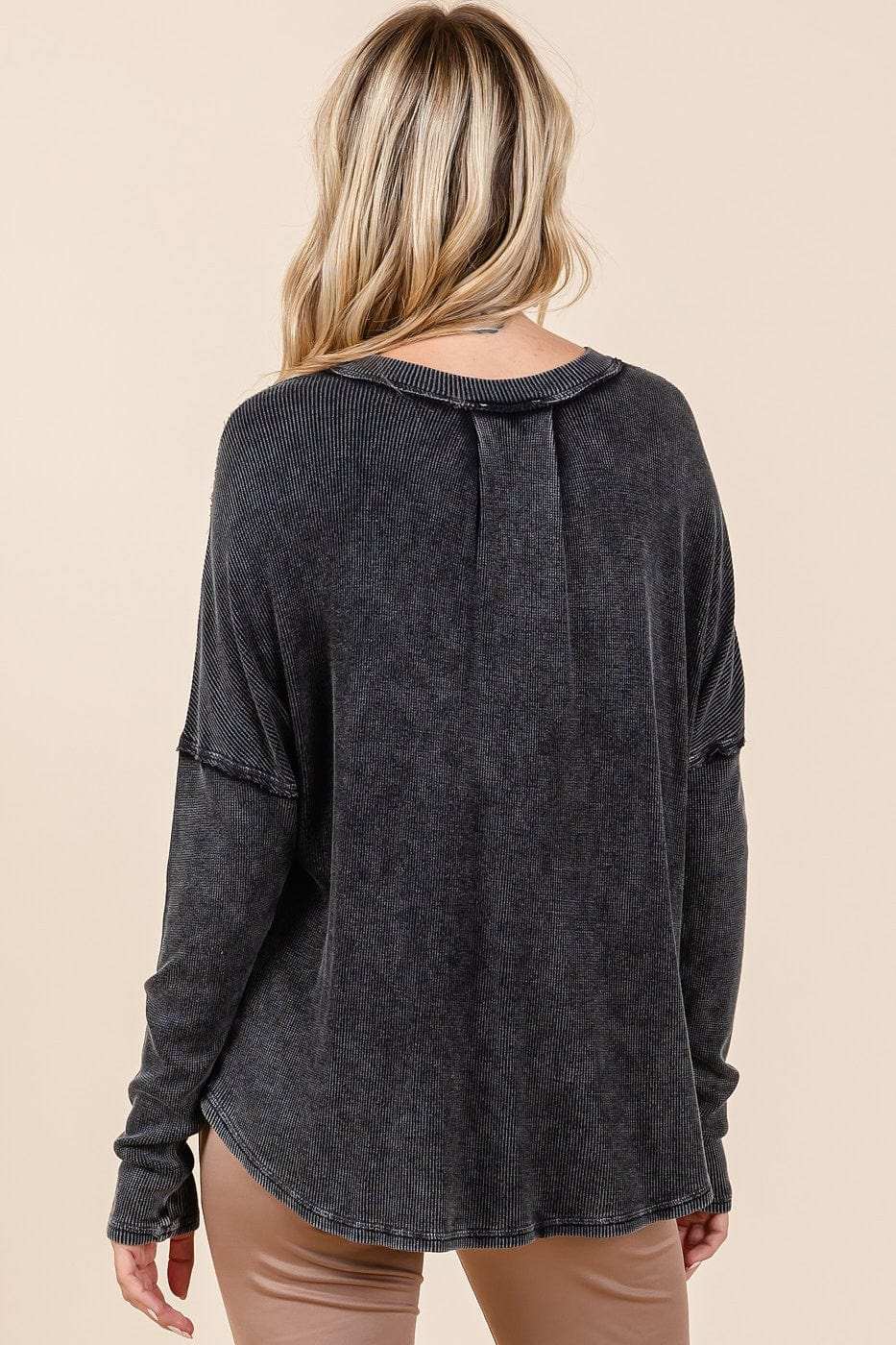 Mittoshop Washed V-Neck Long Sleeve Blouse - Trendsi - Flyclothing LLC