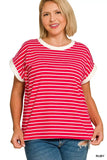 Zenana Full Size Contrast Trim Cap Sleeve Stripe Tee Plus Size - Trendsi - Flyclothing LLC