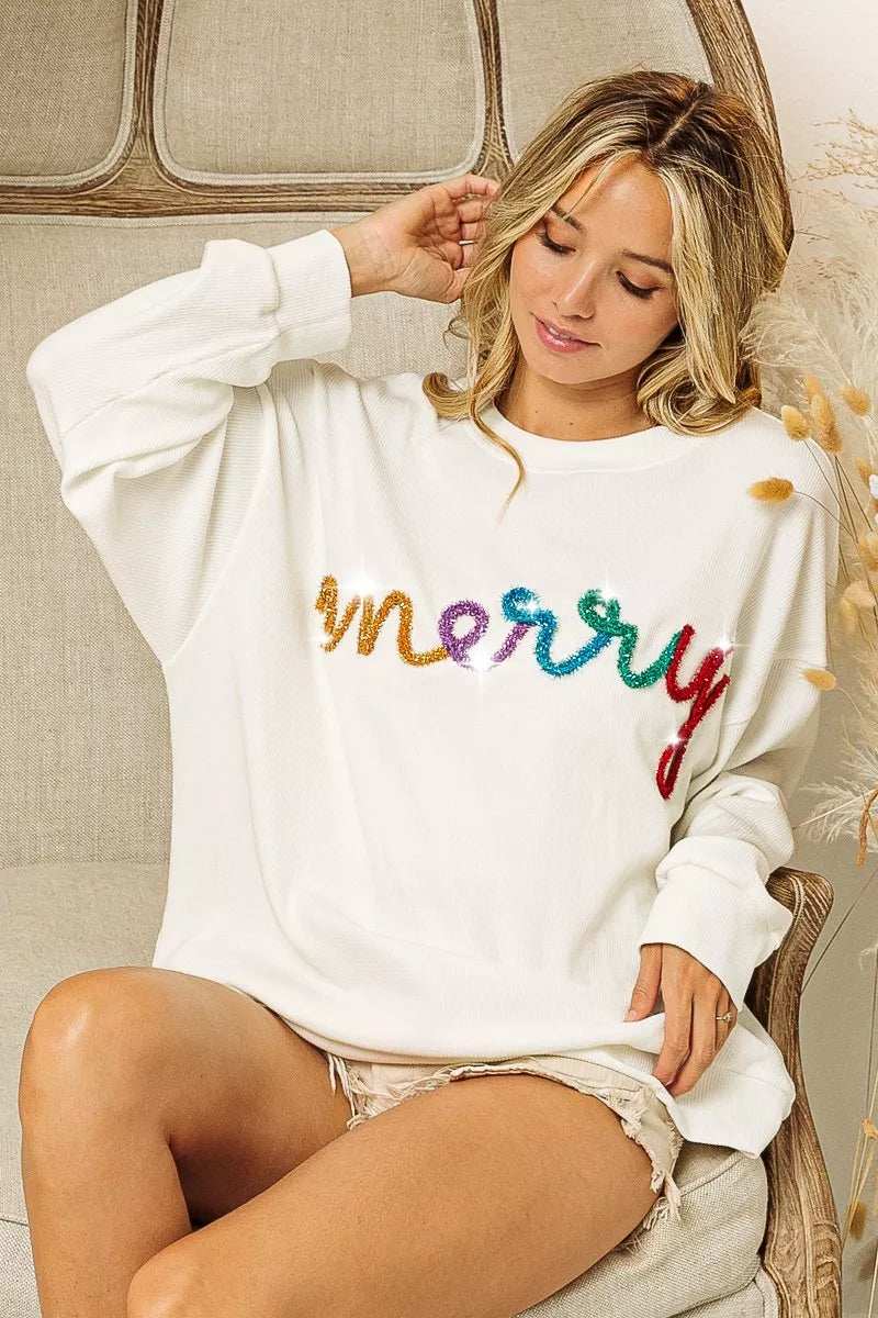 BiBi Merry Tinsel Lettering Drop Shoulder Sweatshirt - Trendsi - Flyclothing LLC